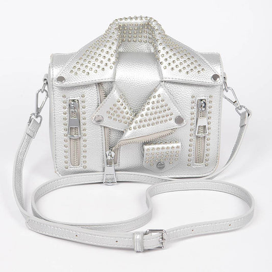 Vegan Leather Metal Studded Jacket Clutch: Silver