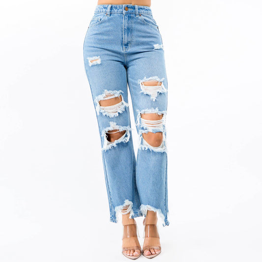 HIGH WAIST DISTRESSED WIDE LEG JEANS