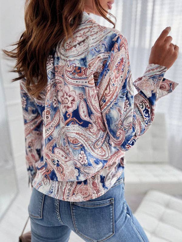 VividLux - Long Sleeves Loose Printed Lapel Blouses: GREEN / XL VividLux