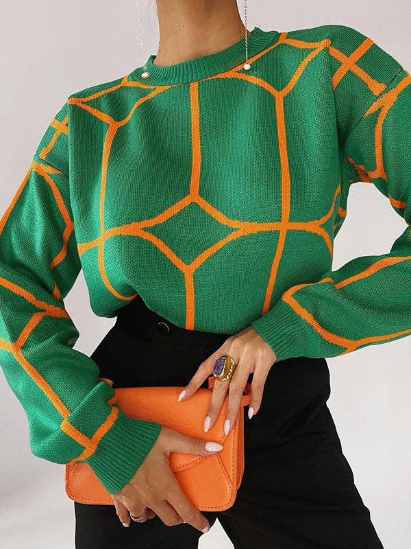 VividLux - Long Sleeves Loose Geometric Round-Neck Knitwear Pullovers Sweater Tops: BLUE / M VividLux
