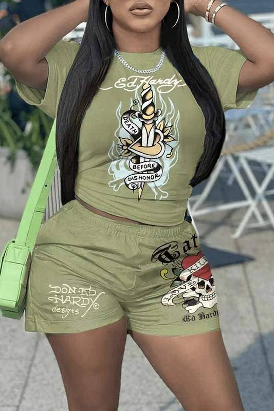 EH Graphic t shirt and shorts set: GREEN