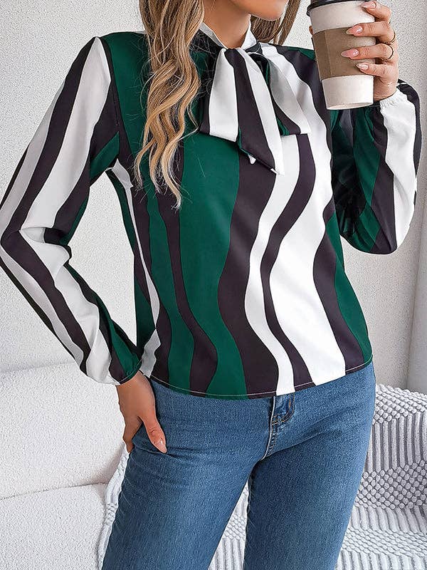VividLux - Long Sleeves Loose Contrast Color Elasticity Striped Tied Mock Neck Blouses&Shirts Tops: BURGUNDY / M VividLux