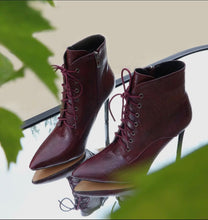 Load image into Gallery viewer, Burgundy stiletto heel lace-up bootie
