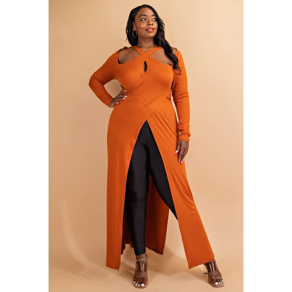 PLUS CRISS CROSS KEYHOLE CUT OUT LONG SLEEVE MAXI TOP: Royal