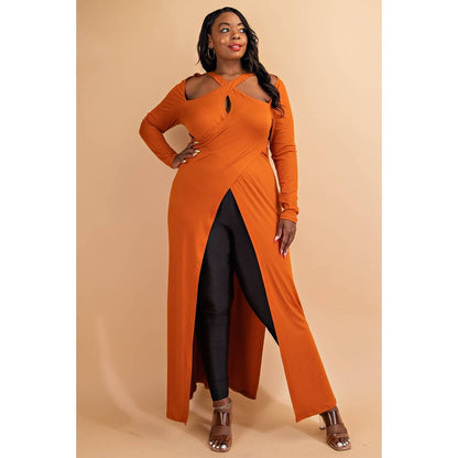 PLUS CRISS CROSS KEYHOLE CUT OUT LONG SLEEVE MAXI TOP: Royal