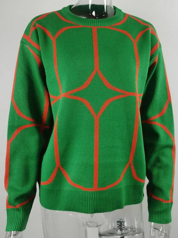VividLux - Long Sleeves Loose Geometric Round-Neck Knitwear Pullovers Sweater Tops: BLUE / M VividLux