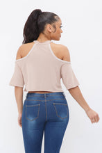 Load image into Gallery viewer, French Terry Solid Shoulder Cut Out Detail Half Sleeve Top-Khaki

