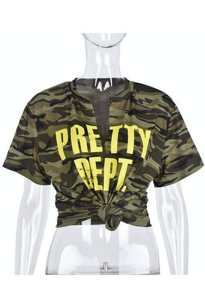 Camo plunging neck tee Bodi Language for Women