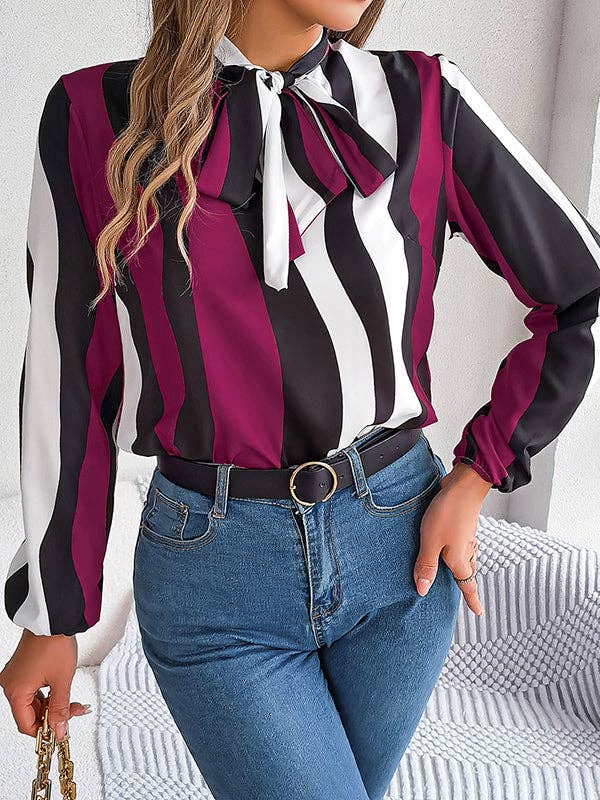 VividLux - Long Sleeves Loose Contrast Color Elasticity Striped Tied Mock Neck Blouses&Shirts Tops: BURGUNDY / XL VividLux
