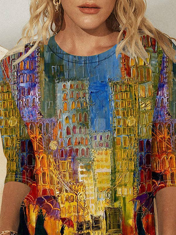 VividLux - Loose Plus Size Printed Round-Neck T-Shirts Tops: COLORFUL / 2XL VividLux