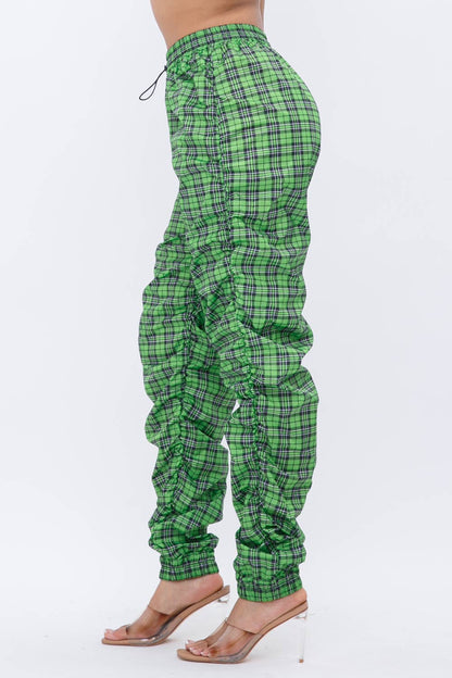 Plaid Print Wind Breaker Drawstring Shirring Jogger Pants- Green