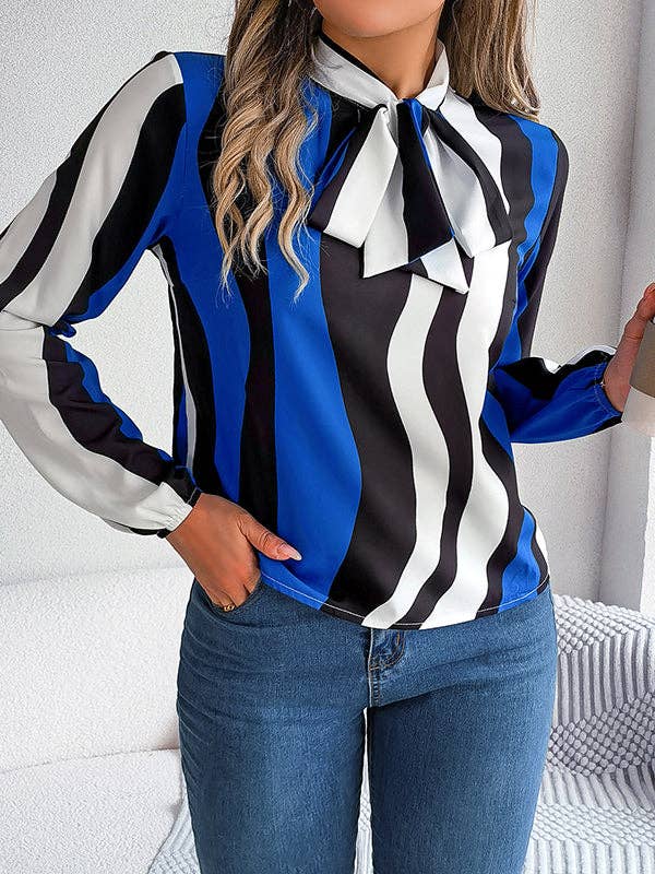 VividLux - Long Sleeves Loose Contrast Color Elasticity Striped Tied Mock Neck Blouses&Shirts Tops: BURGUNDY / L VividLux