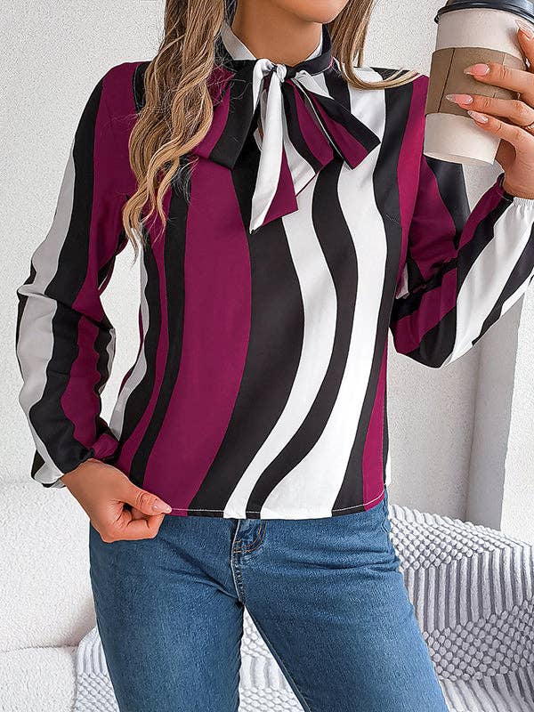 VividLux - Long Sleeves Loose Contrast Color Elasticity Striped Tied Mock Neck Blouses&Shirts Tops: BURGUNDY / M VividLux