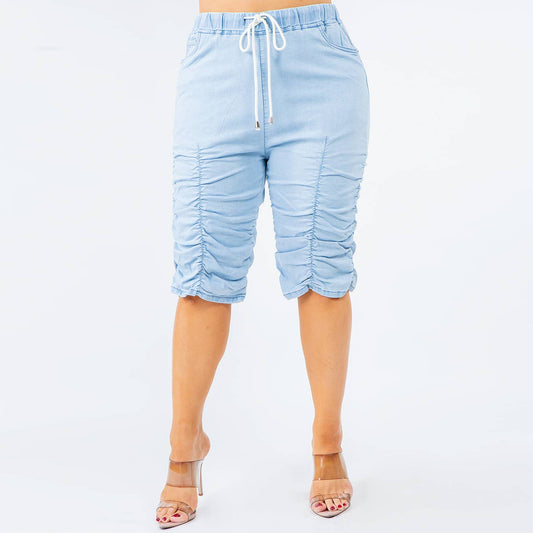 PLUS SIZE HIGH WAIST SHIRRED LEG  SHORTS-LIGHT BLUE - Bodi Language for Women
