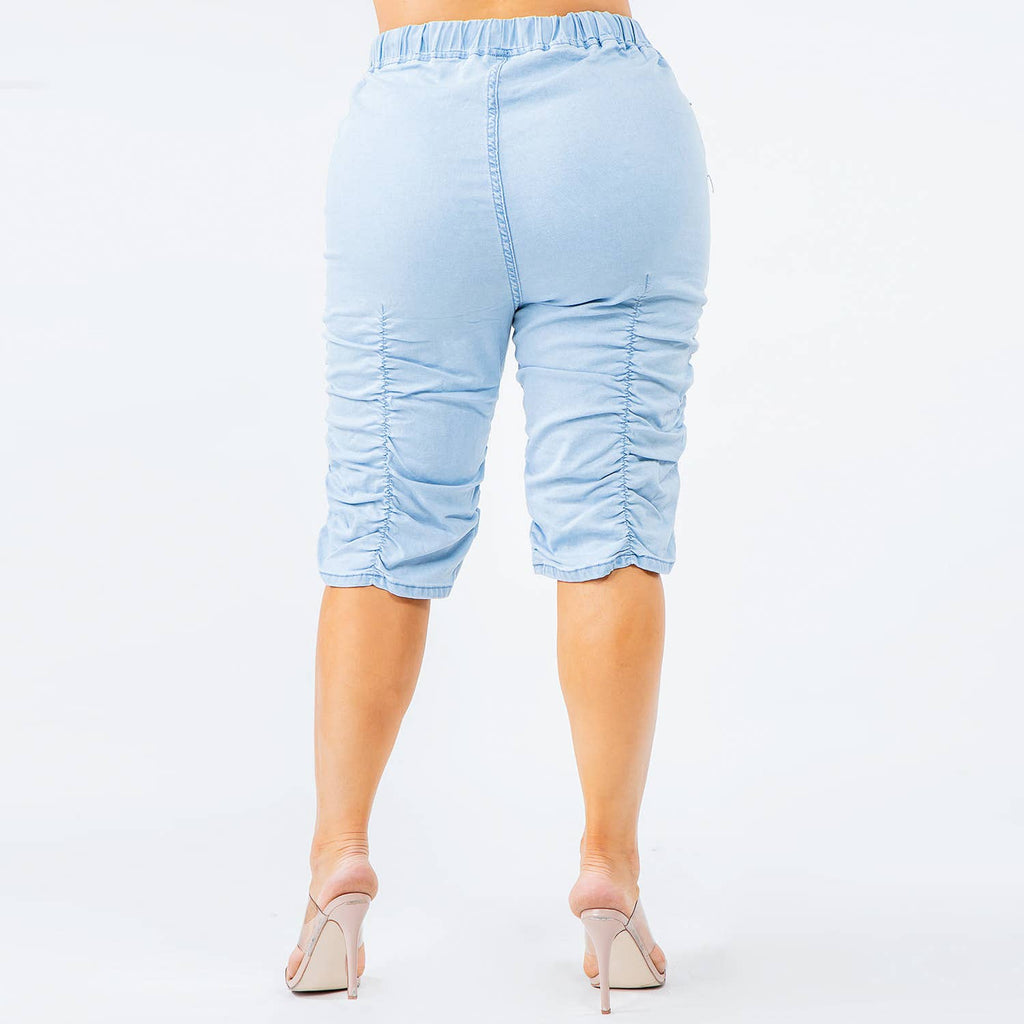 PLUS SIZE HIGH WAIST SHIRRED LEG  SHORTS-LIGHT BLUE - Bodi Language for Women