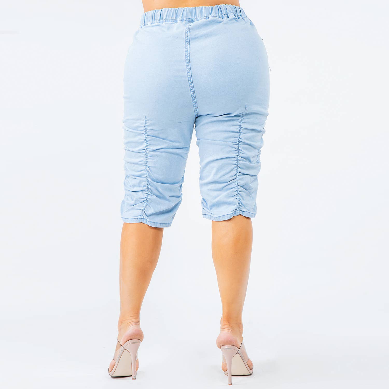 PLUS SIZE HIGH WAIST SHIRRED LEG  SHORTS-LIGHT BLUE - Bodi Language for Women