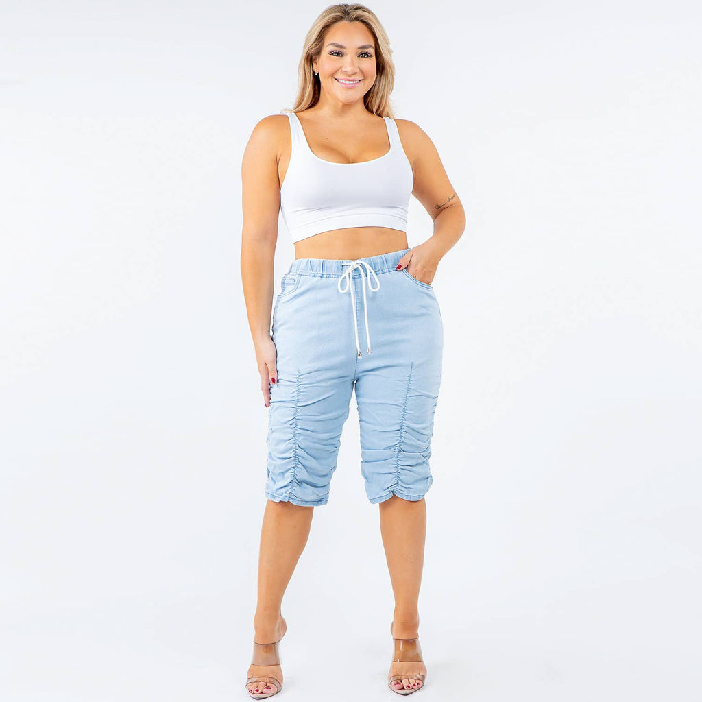 PLUS SIZE HIGH WAIST SHIRRED LEG  SHORTS-LIGHT BLUE - Bodi Language for Women