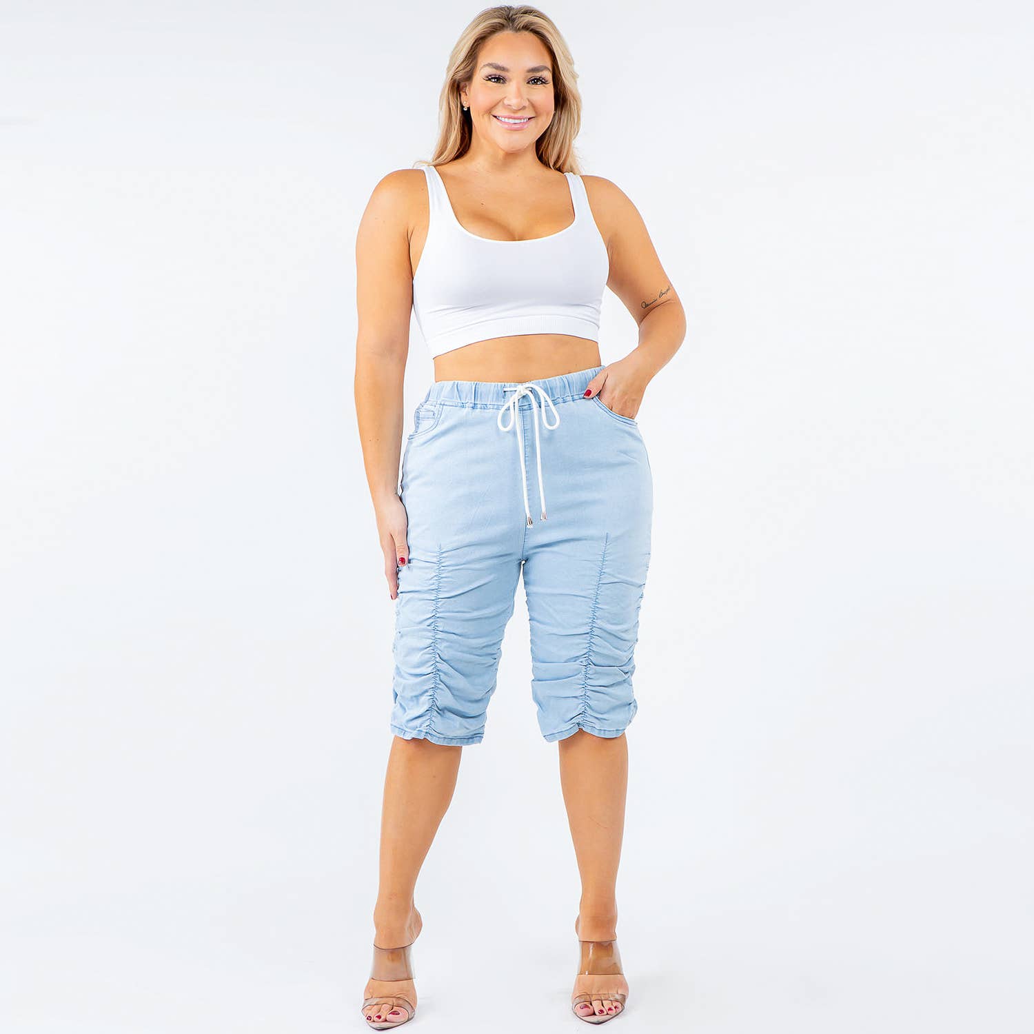 PLUS SIZE HIGH WAIST SHIRRED LEG  SHORTS-LIGHT BLUE - Bodi Language for Women