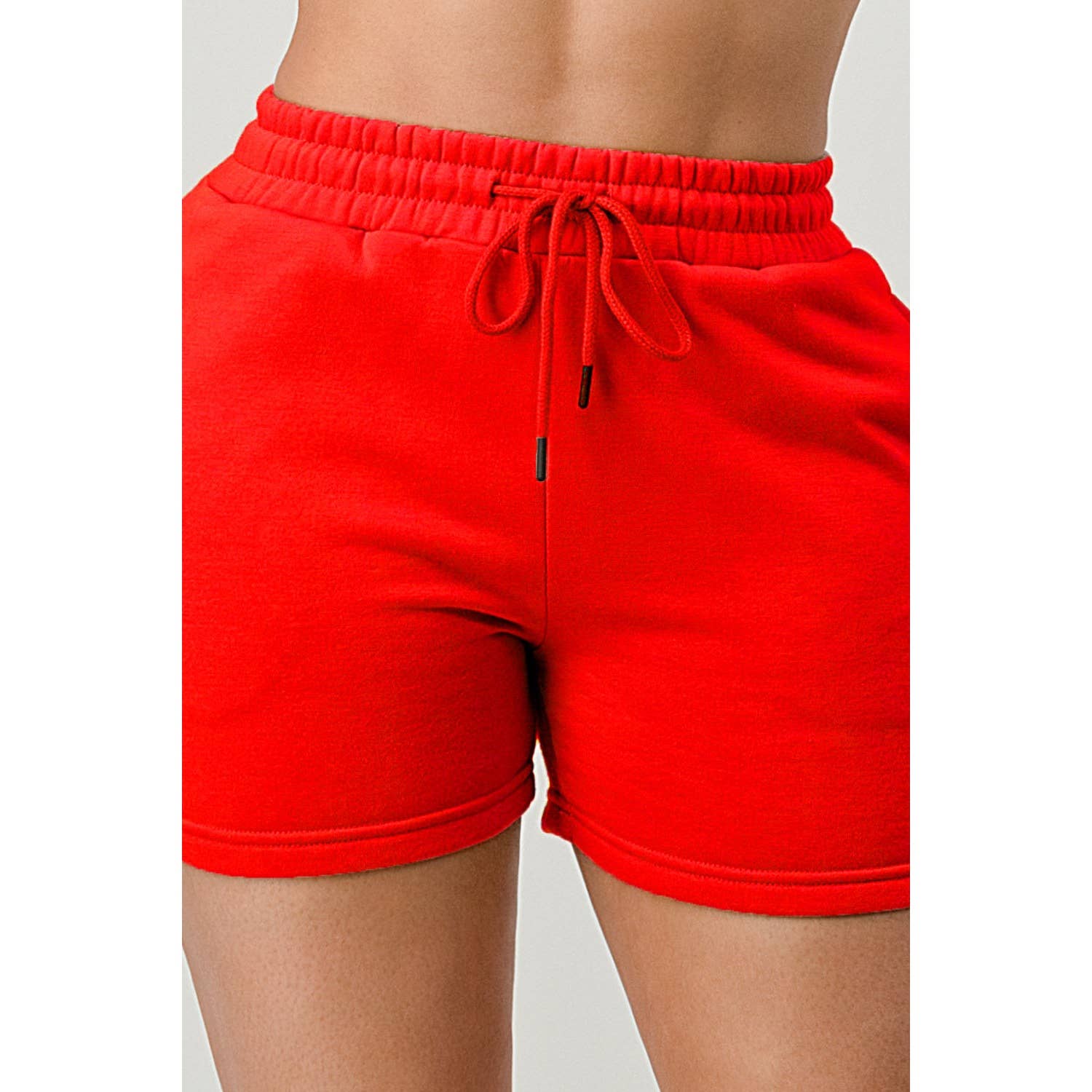 Solid colored elastic band drawstring sweat short -RED - Bodi Language for Women