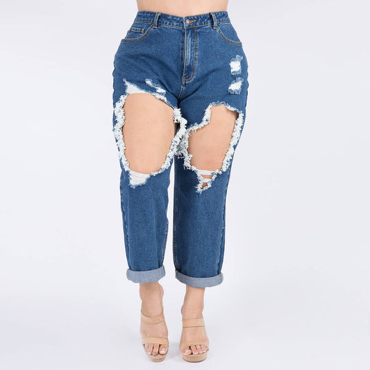 PLUS SIZE HIGH WAIST CUT OUT STRAIGHT JEANS