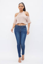 Load image into Gallery viewer, French Terry Solid Shoulder Cut Out Detail Half Sleeve Top-Khaki
