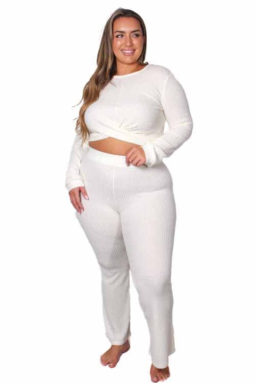 Women's Plus Front Knot Waffle Crop Top & Plus High Waist Knitted Pants Set