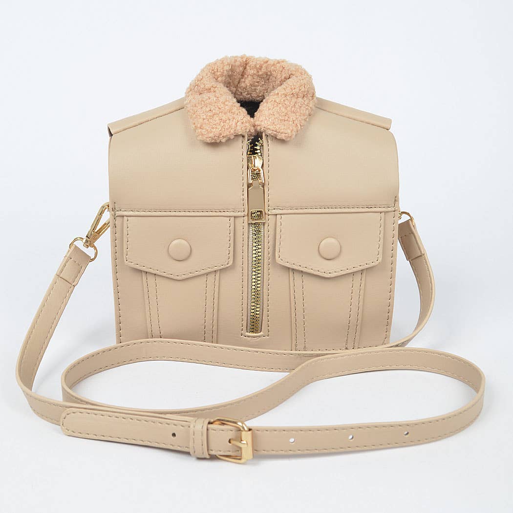 Chic Faux Fur Jacket Style Crossbody Clutch: Nude