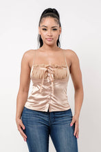 Load image into Gallery viewer, Mesh Ruched Lace Trim Front Tie Top: Taupe
