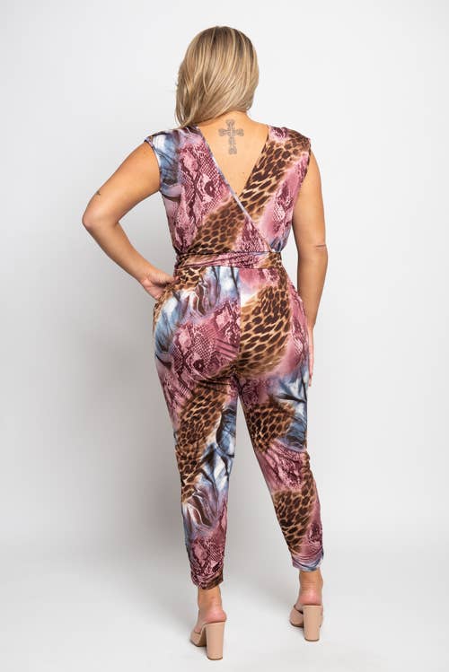 PLUS SURPLICE ANIMAL PRINT JUMPSUIT: Purple