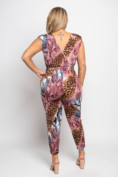 PLUS SURPLICE ANIMAL PRINT JUMPSUIT: Purple