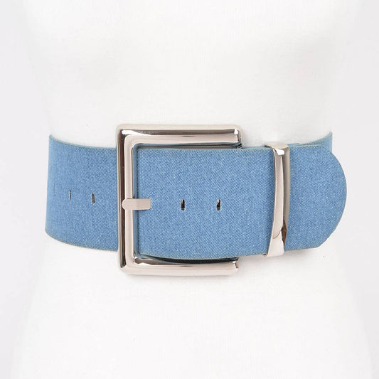 Oversized Metal Buckle Denim Waist Belt: Silver