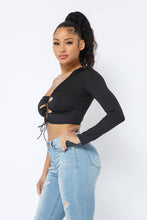 Load image into Gallery viewer, Yoga Fabric One Shoulder Front Open Tie Crop Top: Black
