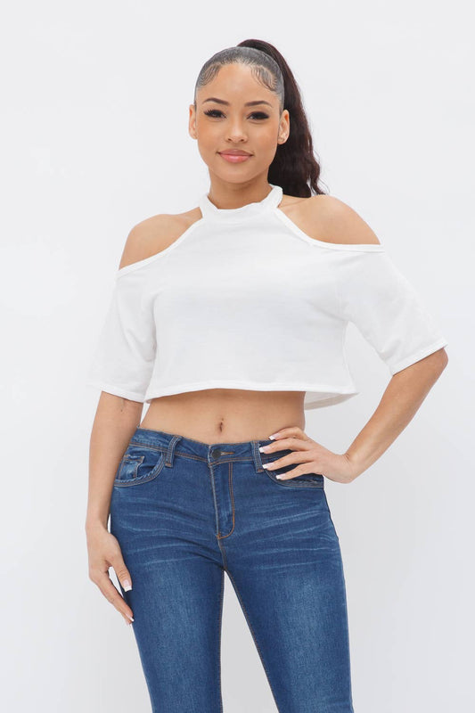 French Terry Solid Shoulder Cut Out Detail Half Sleeve Top- White