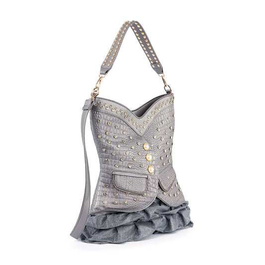 Dazzling Vest Design Tall Hobo Handbag: Pewter