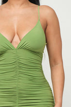 Load image into Gallery viewer, Front Deep V-Neck Ruched Shirring Mini Dress: Avocado Bodi Language for Women

