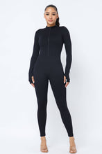 Load image into Gallery viewer, Front Zipper Mock Neck Open Thumb Long Sleeve Jumpsuit:  Black Julia by LoveJ
