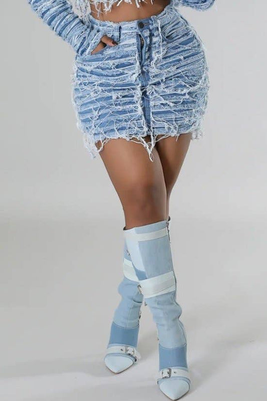 High Rise Double Layered Destroyed Skirt