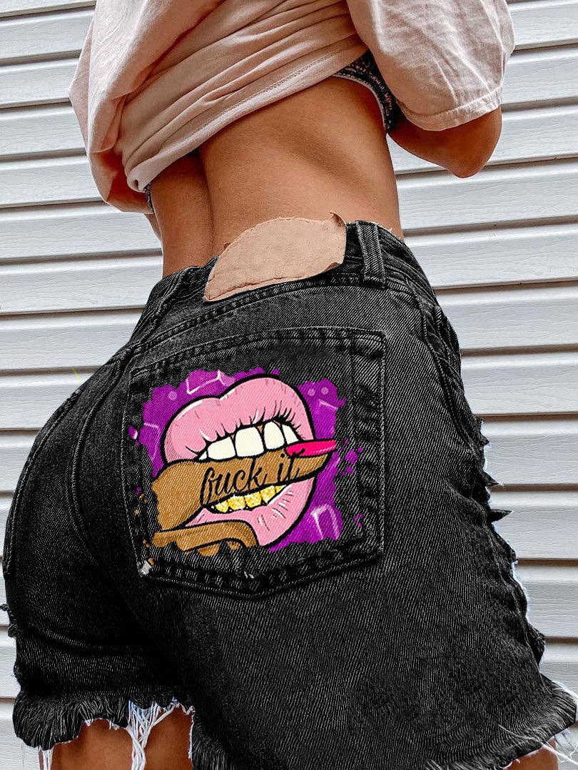 Bite Finger Printed Ripped Jeans: Blue / XL