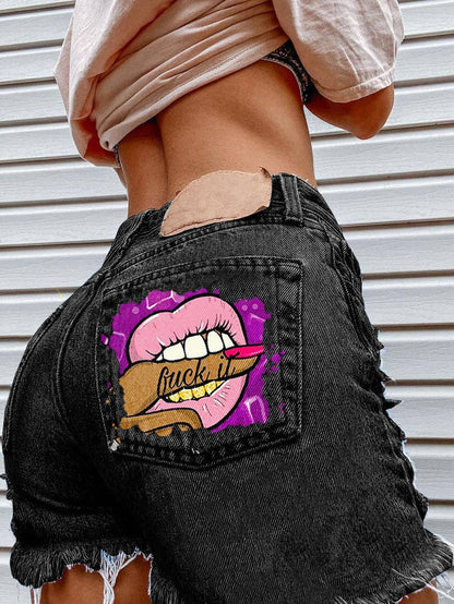 Bite Finger Printed Ripped Jeans: Blue / XL