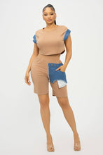 Load image into Gallery viewer, Color Block Denim Sleeve Top And Biker Shorts Set: Fuchsia-Denim

