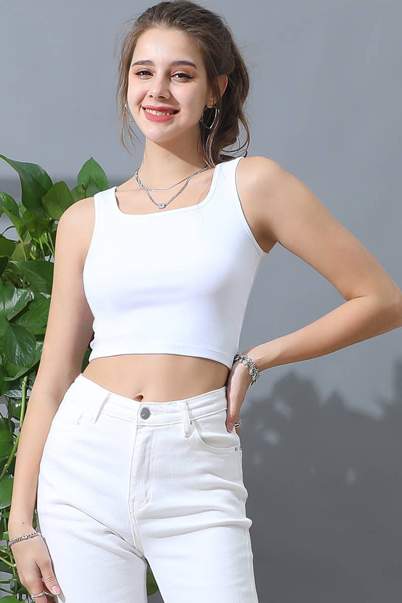 NINEXIS - CWTTK232_Sexy Square Neck Sleeveless Cropped Tank Tops: KHAKI / (L) 1