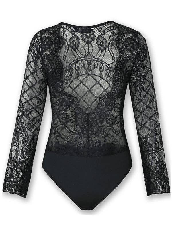 Sexy See-through Long-Sleeved Eyelash Bodysuit: Black / S