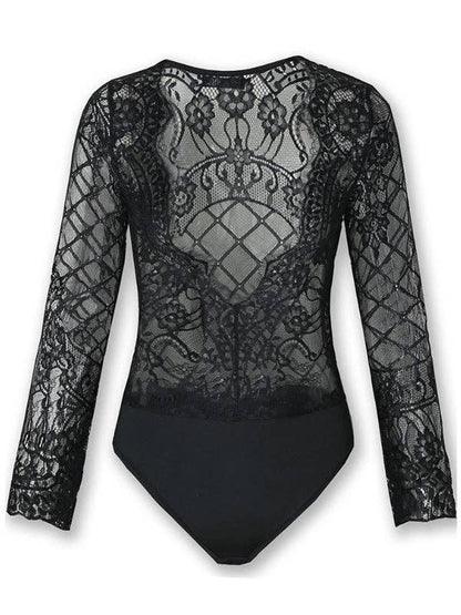 Sexy See-through Long-Sleeved Eyelash Bodysuit: Black / S