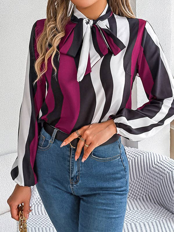 VividLux - Long Sleeves Loose Contrast Color Elasticity Striped Tied Mock Neck Blouses&Shirts Tops: BURGUNDY / M VividLux
