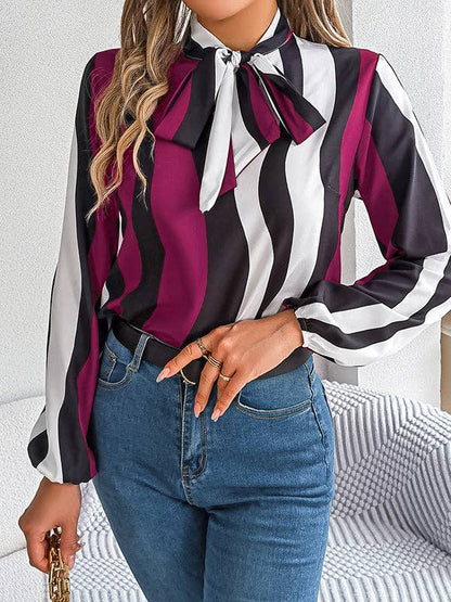 VividLux - Long Sleeves Loose Contrast Color Elasticity Striped Tied Mock Neck Blouses&Shirts Tops: BURGUNDY / M VividLux