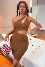 Load image into Gallery viewer, One Shoulder Sleeveless Cutout Backless Bodycon Mini Dress: COFFEE
