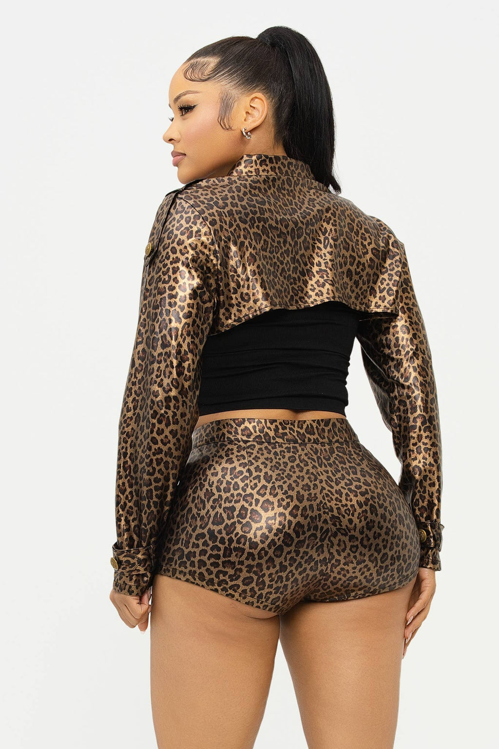 Animal Print Long Sleeve Crop Top And Short Set: Brown
