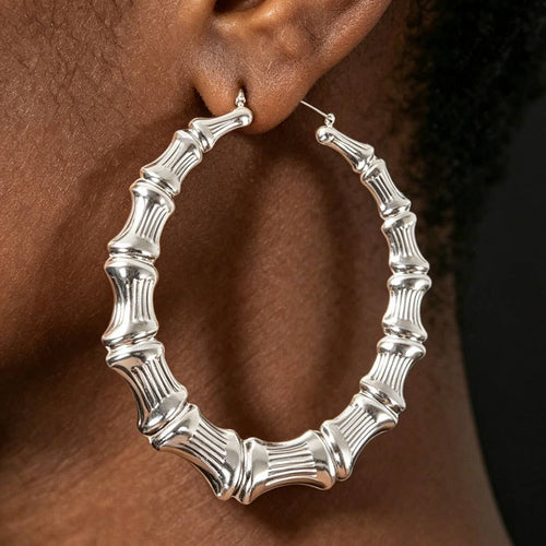 3AM BY H&D ACCESSORIES - Bamboo Metal 10cm Hoop Earring: Silver