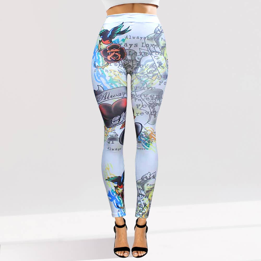 Tattoo Inspired Graphic Printed High Waisted Leggings: White