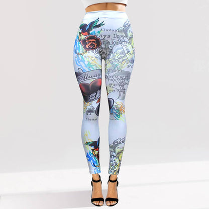 Tattoo Inspired Graphic Printed High Waisted Leggings: White